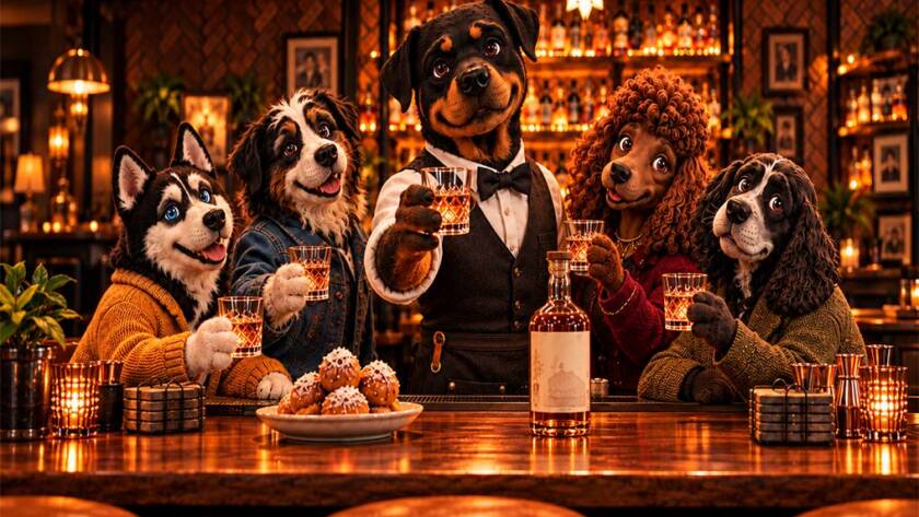 Rottweiler bartender Nero raises a glass with four canine friends inside the warmly lit Nero’s Bar.
