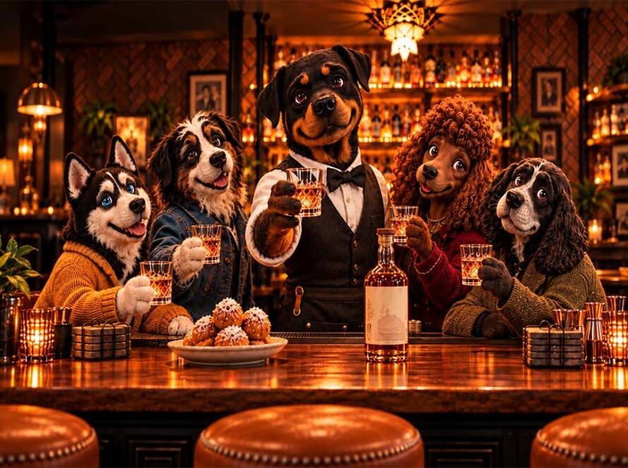 Rottweiler bartender Nero raises a glass with four canine friends inside the warmly lit Nero’s Bar.